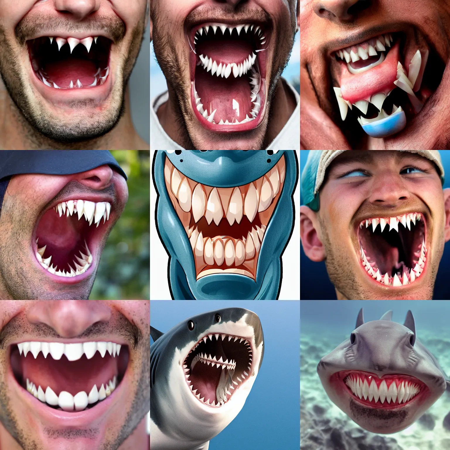 Prompt: a man shark teeth