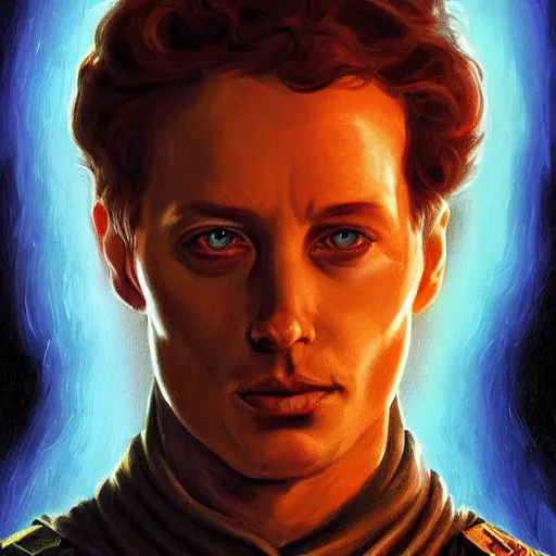 Prompt: realistic paul atreides emperor of the known universe, perfect dramatic and dark portrait by rabbitary b, trending on artstation, deviantart, dune, low angle oil painting and composition laws, dark foggy background, masculine man with thin lines on the face, medium - long curly brown hair, completely blue eyes, denis villeneuve cinematography