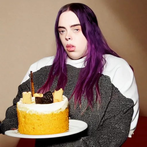Prompt: Obese Billie Eilish eating cake
