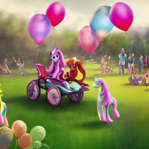 Prompt: (my little pony) giving rides to children at a birthday party in the city park. balloons, cake, presents, crazy, road trip, havoc, 8K, 4K, digital art, cgsociety, realistic photograph