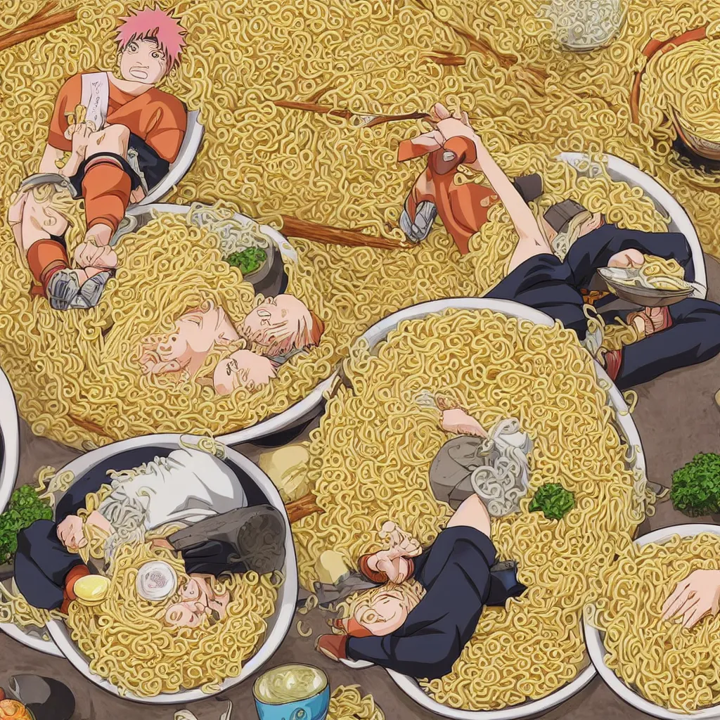 Image similar to a color manga illustration of blonde - haired naruto laying in a pile of ramen noodles in bowls, holding a large bowl of ramen and slurping up noodles. the view is top down. his mood is one of delicious bliss and naruto is the only human in the image. the image is illustrated in high colorful detail by masashi kishimoto and is very very very detailed.