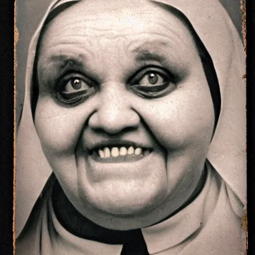 Prompt: antique photograph of an evil catholic nun, cracked and faded photo paper, morbidly obese, crazy eyes wide open, horror, staring at the camera, headshot, dark background, low light, dark