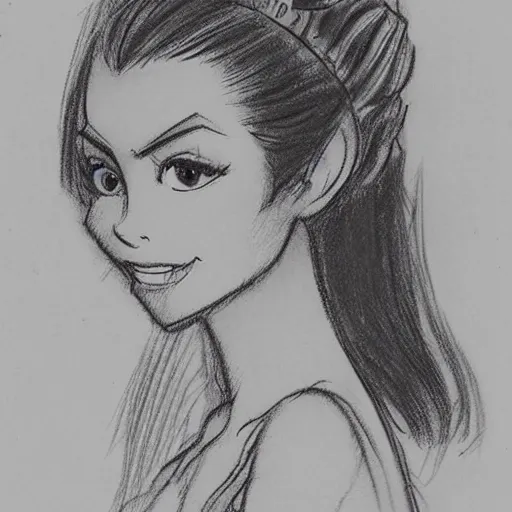 Image similar to milt kahl sketch of victoria justice with done up hair, tendrils and ponytail as princess padme from star wars episode 3