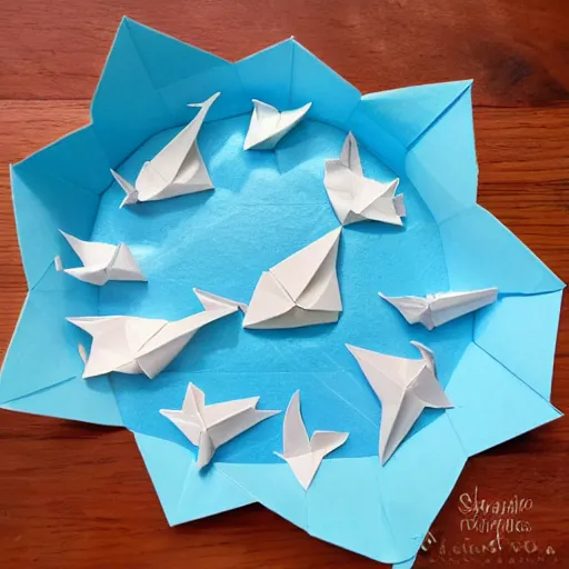 Prompt: Origami sea creatures in a paper ocean diorama