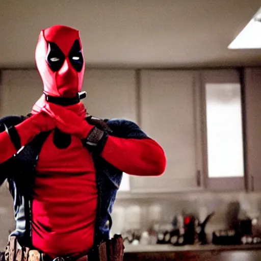 Image similar to film still, American Psycho in deadpool suit