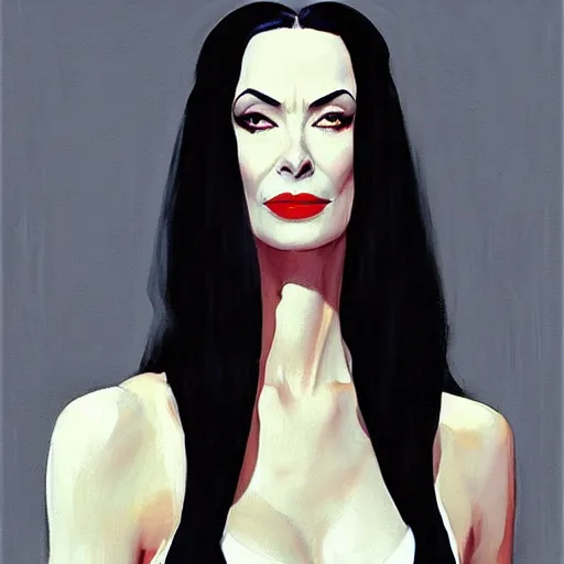 Image similar to greg manchess portrait painting of morticia from addams family as overwatch character, medium shot, asymmetrical, profile picture, organic painting, sunny day, matte painting, bold shapes, hard edges, street art, trending on artstation, by huang guangjian and gil elvgren and brom