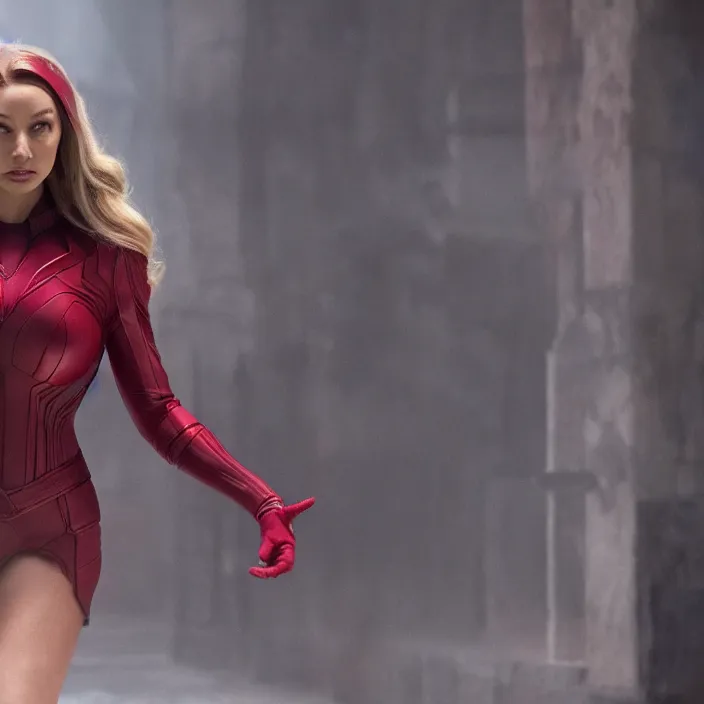 Image similar to movie still of lindsey pelas as scarlet witch, directed by russo brothers, 4 k hd, oscar winning, high detail