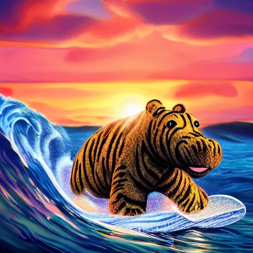 Image similar to a closeup photorealistic photograph of a cute smiling knitted tiger hippopotamus riding an epic wave at sunset. surf in the background. professional capture. brightly lit scene. this 4 k hd image is trending on artstation, featured on behance, well - rendered, extra crisp, features intricate detail, epic composition and the style of unreal engine.