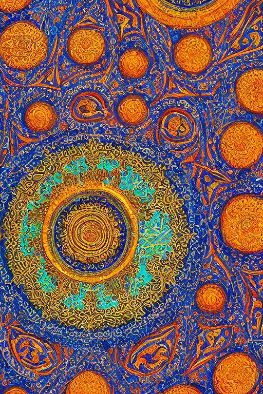 Image similar to hyper-detailed maximalist abstract islamic art, 8k, 3d, ochre colour pallet