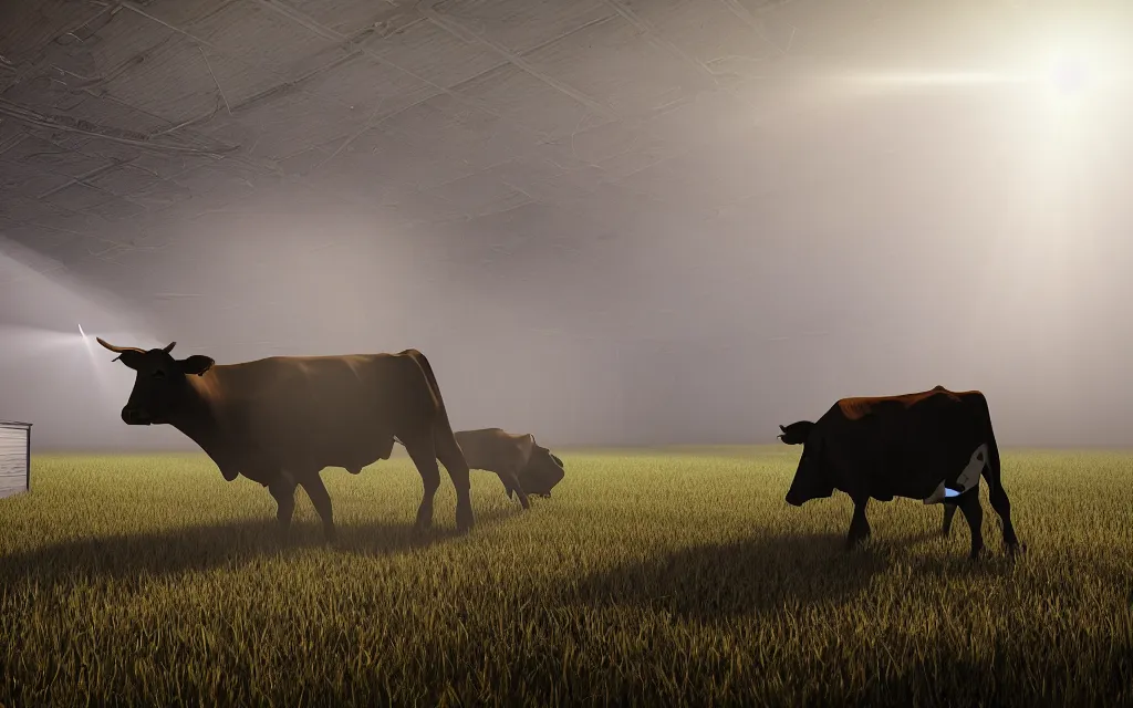 Prompt: alien ufo picking up cow with beam of light in farm, atmospheric, mist, epic, photorealistic, realistic, rule of thirds, extremely detailed, 4 k, 8 k, unreal engine 5 render, rim lighting, rtx, ray traced lighting, shot on 3 5 mm, film grain