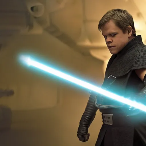 Image similar to matt damon as luke skywalker fighting darth vador in star wars episode 6, 8k resolution, full HD, cinematic lighting, award winning, anatomically correct