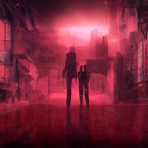 Prompt: anime isis, 3 5 mm film still, wired landscape, cyberpunk, volumetric lighting, photo realistic, digital art, anime background, red colour palette, very detailed faces