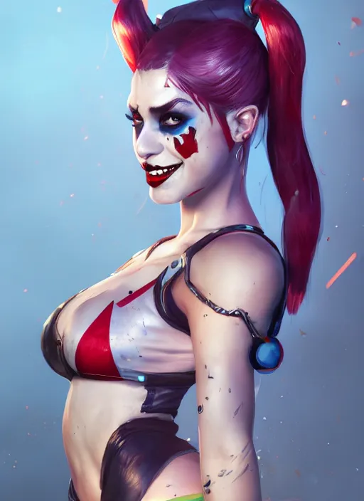 Image similar to harley quinn, from league of legends, hyper detailed, digital art, trending in artstation, cinematic lighting, studio quality, smooth render, fluorescent skin, unreal engine 5 rendered, octane rendered, art style by klimt and nixeu and ian sprigger and wlop and krenz cushart