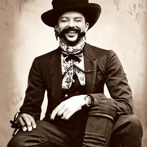 Image similar to king von laugh with fbg dug ( circa 1 9 0 1 ) in cowboy suit, theyre used red and blue bandana