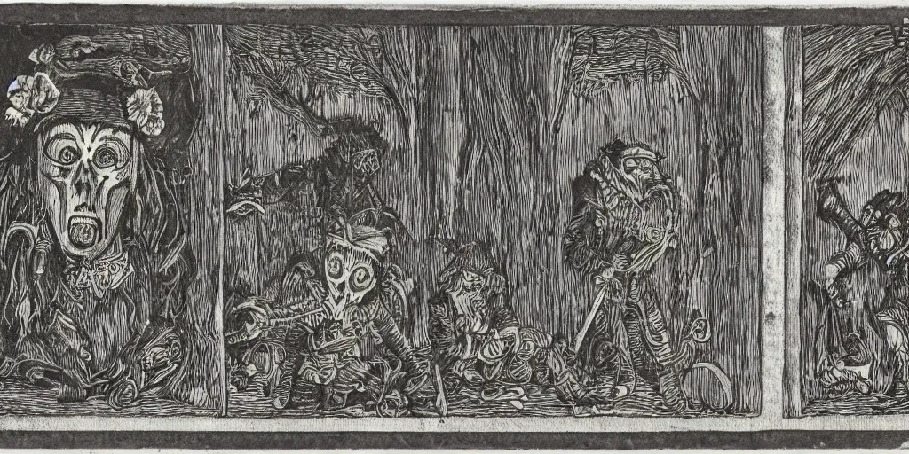 Prompt: scan of book with wood engravings of tyrolean folklore masks, scary dark, dark ink, old paper