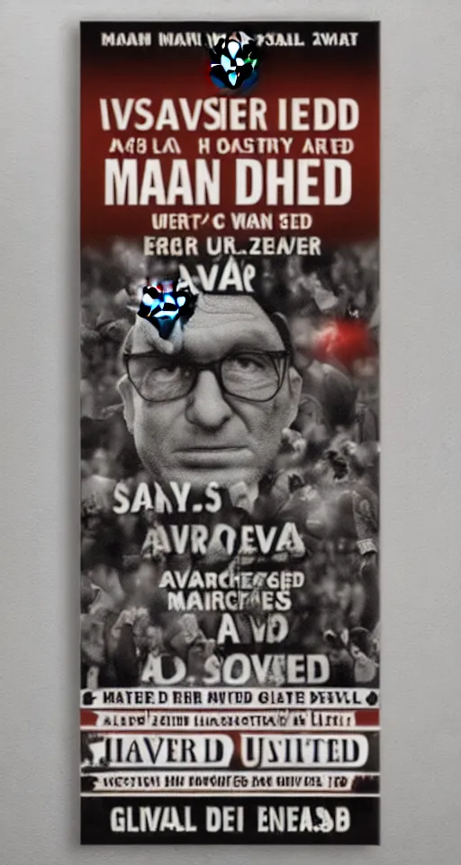 Image similar to avram glazer wanted dead or alive, owner of manchester united football club, wanted poster, bolo poster pure evil, devils horns, avram glazer, satan, hell, 8 k, symmetry, cinematic lighting