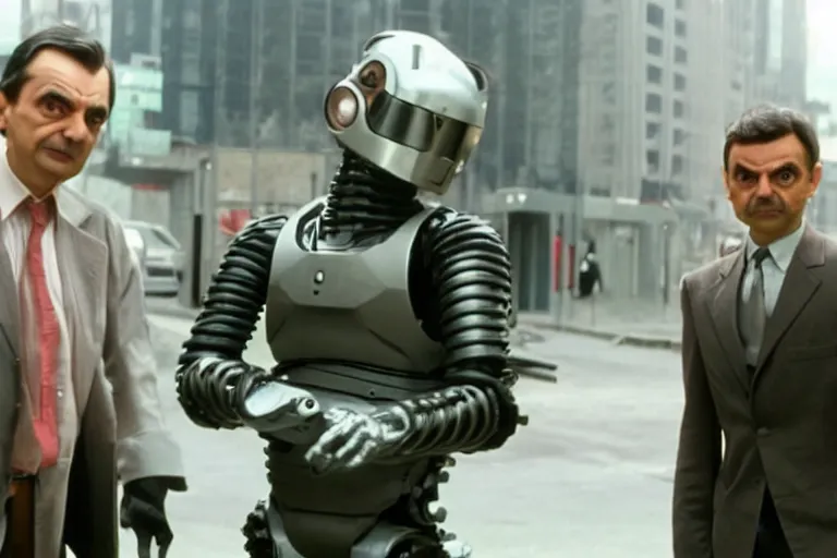 Prompt: VFX movie where Mr. Bean plays Robocop by Paul Verhoeven