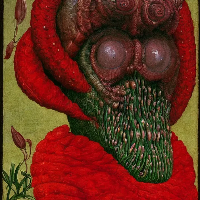 Image similar to close up portrait of a mutant monster creature with face in the shape of a colorful exotic dark red carnivorous plant, snail - like protruding eyes. by jan van eyck, audubon