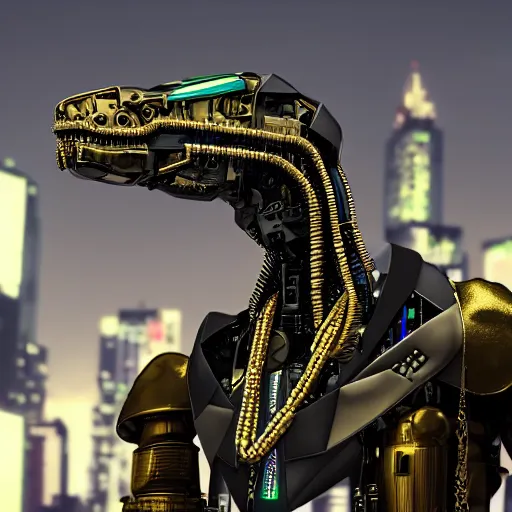 Image similar to photorealistic portrait render of a gangster robot mecha dinosaur wearing a gold chain, in a cyberpunk urban wasteland