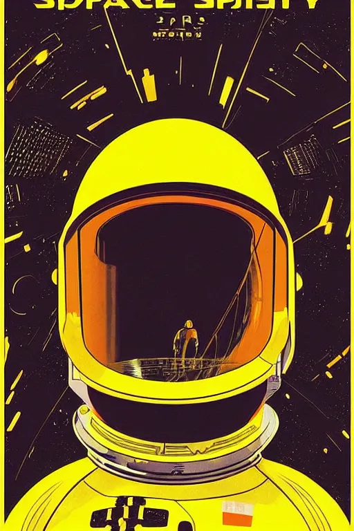 Image similar to poster art, movie poster, retrofuturism, sci - fi, textured, paper texture, 2 0 0 1 : a space odyssey by edward valigursky, yellow space suit