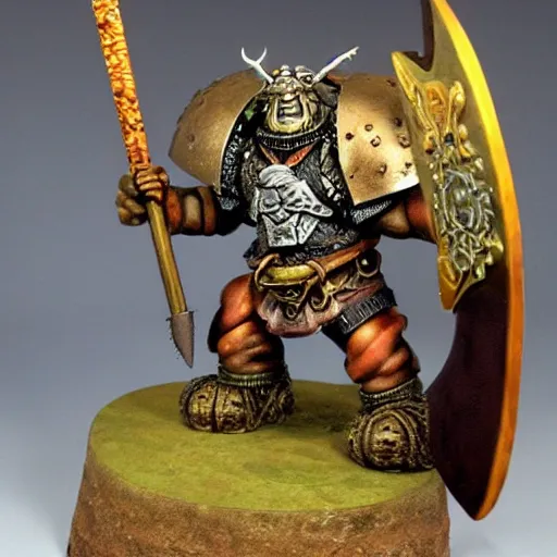 Image similar to ogre warrior wearing plated armor who is holding a battle axe in the style of warhammer fantasy : : head and torso oil painting