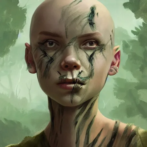 Image similar to fantasy portrait of a bald-headed girl in the style of Anya Taylor with black scars on her face, swamp vegetation in the backround, nocturnal palette, art by Greg Rutowski, Raphael Lacoste, Eddie Mendoza