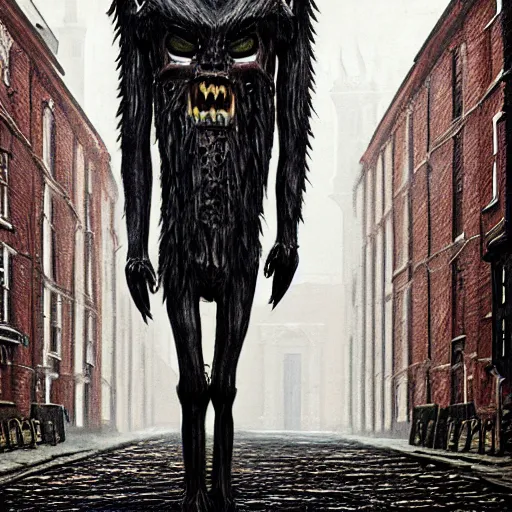 Image similar to terrifying wendigo walking through the center of old london city, oil painting, gloomy misty atmosphere, symmetrical, full body image, highly ornate intricate details, very sharp photo,