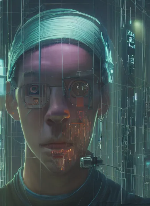 Image similar to highly detailed surreal vfx portrait of a cyberpunk gloomy hacker, wires to the head, stephen bliss, unreal engine, greg rutkowski, loish, rhads, beeple, makoto shinkai and lois van baarle, ilya kuvshinov, rossdraws, tom bagshaw, alphonse mucha, global illumination, detailed and intricate environment