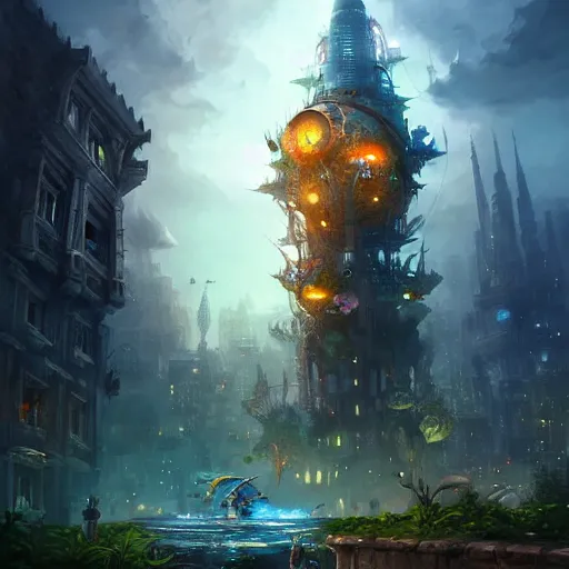 Prompt: a giant fish tank shaped like a tower in the middle of a city, godray on plants, fantasy digital art, fantasy style art, fantasy hearthstone art style, fantasy game art by greg rutkowski, darksouls concept art