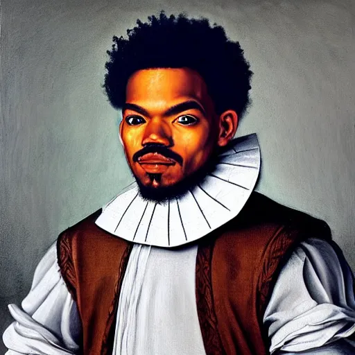 Prompt: a portrait painting of Chance The Rapper dressed as Shakespeare by Caravaggio, realistic, detailed