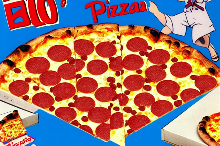 Image similar to pizza, 80s, advertisement, anime, explosion!!!!!!!!!!!!!!!