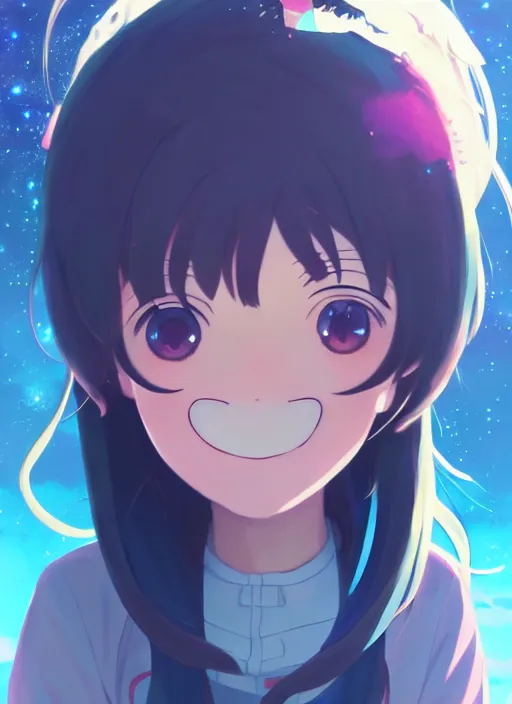 Image similar to portrait of a very cute girl with big eyes big smile, very anime space background illustration concept art anime key visual trending pixiv fanbox by wlop and greg rutkowski and makoto shinkai and studio ghibli and kyoto animation