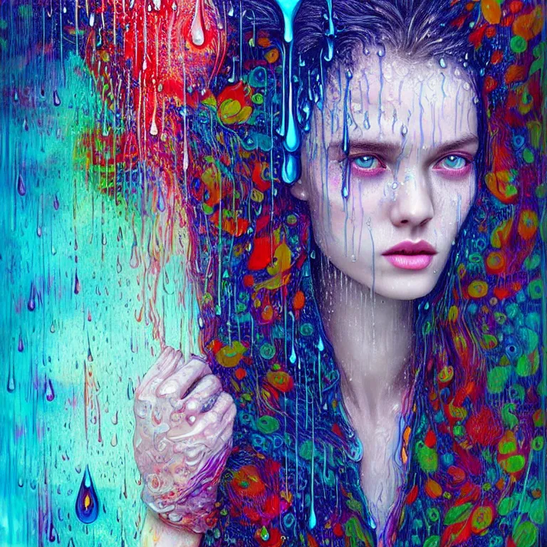 Image similar to bright asthetic portrait of LSD in rain with wet hair and face, liquid, fantasy, intricate, elegant, dramatic lighting, highly detailed, lifelike, photorealistic, digital painting, artstation, illustration, concept art, smooth, sharp focus, art by John Collier and Albert Aublet and Krenz Cushart and Artem Demura and Alphonse Mucha