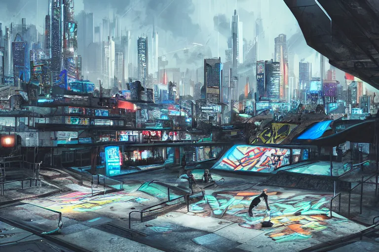 Image similar to cyberpunk skatepark set in a dystopian city, skateboards, digital art, highly detailed, 4 k