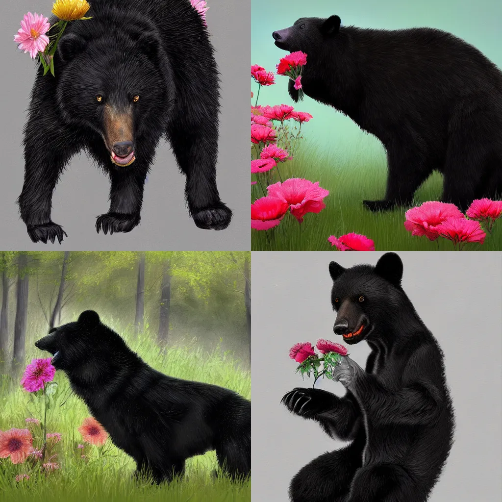 Prompt: a black golden bear eating flowers, artstation, digital painting, highly detailed