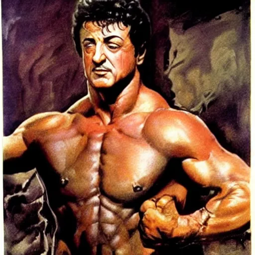 Image similar to stallone goddess perfect face coherent by frank frazetta