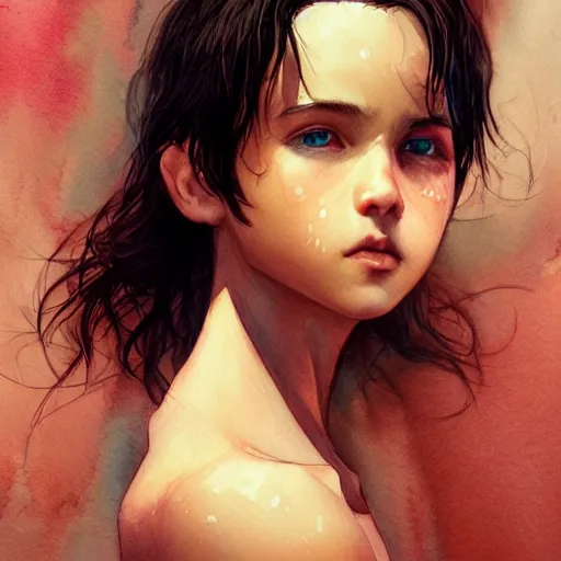 Image similar to young boy, black hair, light muscles, gorgeous, amazing, delicate, elegant, intricate, highly detailed, watercolor, portrait, artstation, concept art, sharp focus, illustration, art by charlie bowater and Ross tran