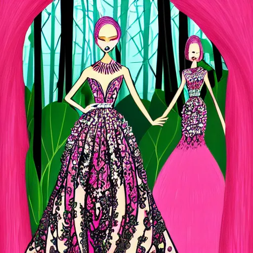 Image similar to zuhair murad dress fashion illustration by eko nugroho, jungle background, fine detail