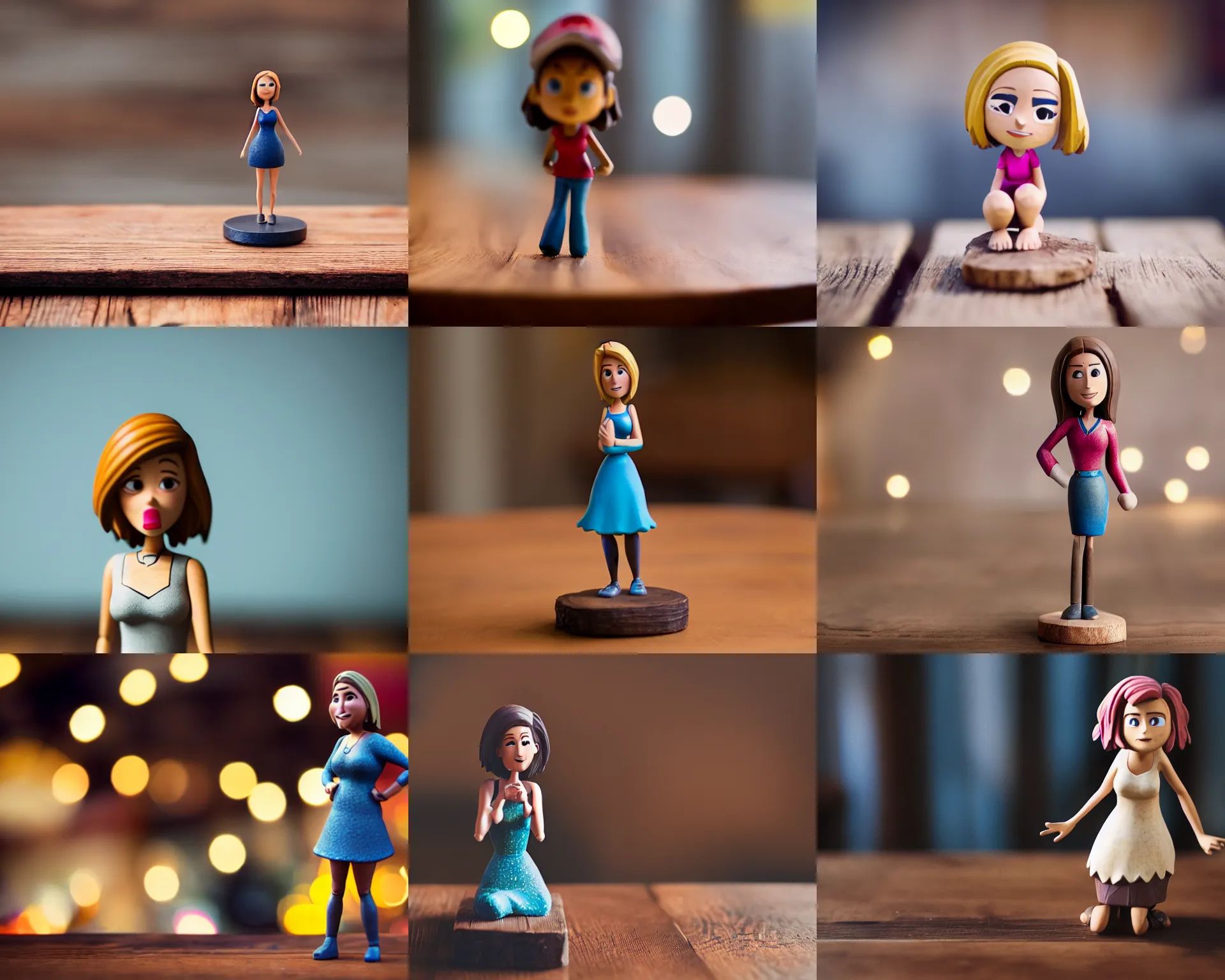 Prompt: Natalie Portmann figurine by Pixar sad bokeh on wooden table.