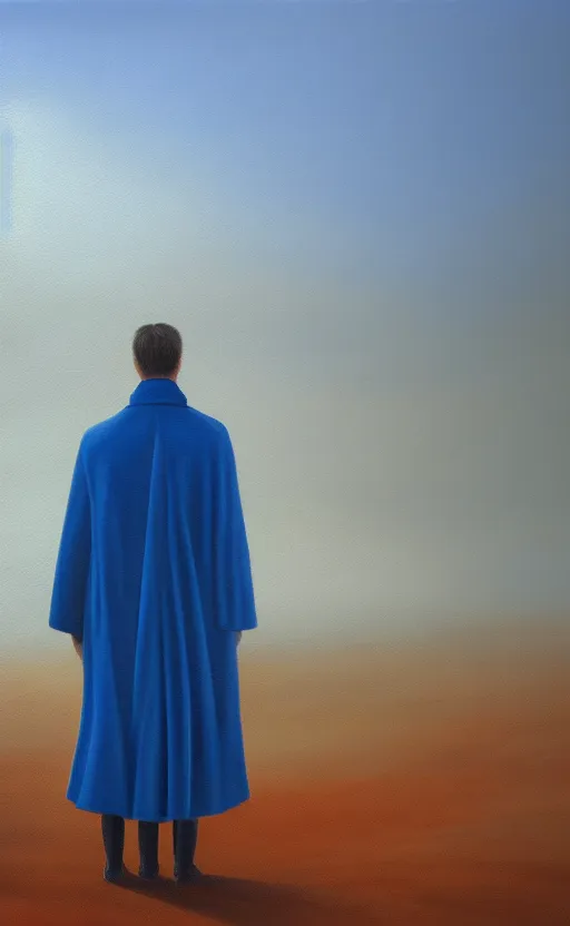 Prompt: oil painting of a blue caped man, lonely, depression, foggy background, standing in midground, blue sky, by capsar david friedrich