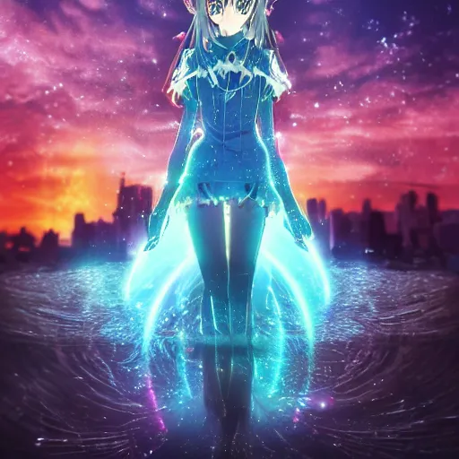 Image similar to a teenage anime android girl wearing a very high intricate detailed dress made out of water standing in a crystal clear lake with a neon lit futuristic city in the background::full body::very long black and red hair::left eye is yellow and right eye is glowing red::heterochromatic eyes::intense stare::cinematic lighting::medium shot::MCU::trending on artstation::CSP::Photoshop::WLOP, Rossdraws, James Jean, Andrei Riabovitchev, Marc Simonetti, Anastasia Ovchinnikova, Véronique Meignaud, BEN MAIER and Sakimichan