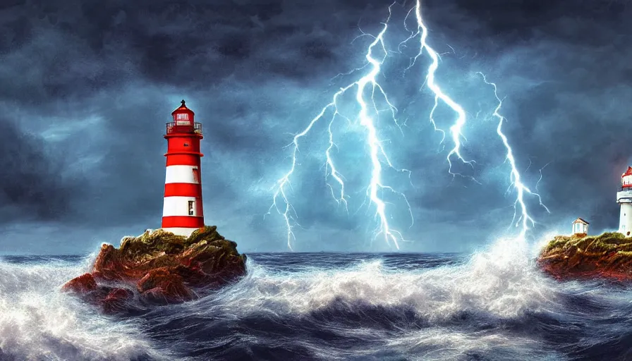 Image similar to a lighthouse being struck by lightning out at sea, digital art, highly detailed, realistic, bright colors, 8 k