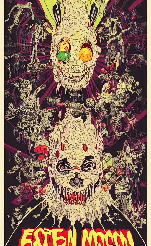 Image similar to 8 k cursed with necronomicon horrorcore cel animation poster depicting easter bunny, intricate faces, metropolis, 1 9 5 0 s movie poster, post - processing, vector art