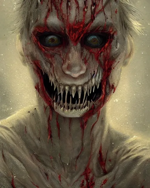 Image similar to Horrifying detailed painting of a pale, emaciated humanoid creature. It has sharp teeth and claws with pale milky eyes; snow, woods, blood; dark cinematic lighting, hyper detailed, moody; painted by Greg Rukowtski, trending on Artstation