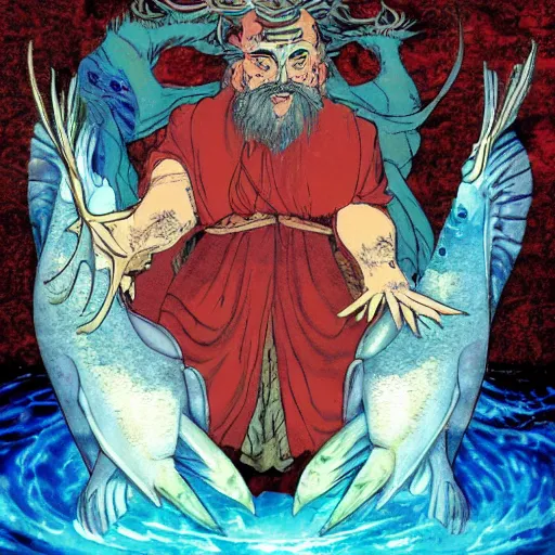 Prompt: passionate by satoshi kon opalescent, grim dark. a digital art of a mythological scene. large, bearded man seated on a throne, surrounded by sea creatures. he has a trident in one hand & a shield in the other. behind him is a large fish. in front of him are two smaller creatures.