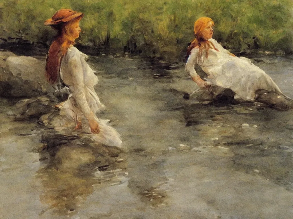 Image similar to Woman in the river. Painting by Anders Zorn