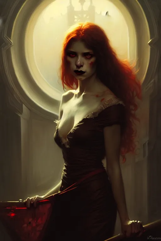 Prompt: young vampire woman portrait by anna podedworna, greg rutkowski, gaston bussiere, simon bisley