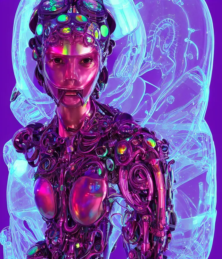 Image similar to fully symmetrical centered iridescent portrait of a beautiful princess in robe. artificial muscles, ribcage, bones, hard surface modelling. cyberpunk look. biomechanical mask. bio luminescent biomechanical halo around head. neon jellyfish. artwork by jarold Sng by artgerm, by Eddie Mendoza, by Peter mohrbacher by tooth wu, unreal engine, octane render, cinematic light, high details, iridescent colors, dichroic, macro, depth of field, blur