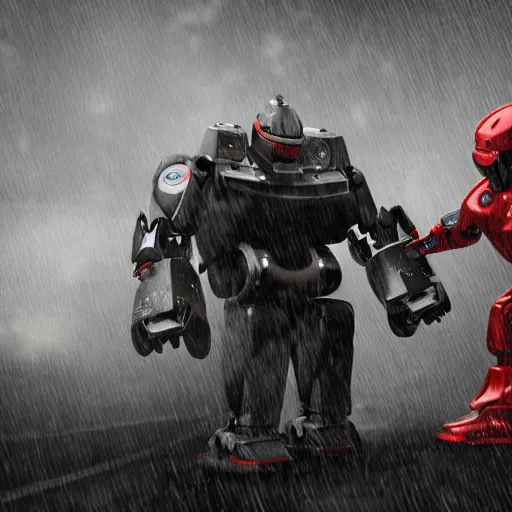 Image similar to 2 robot warriors battling each other in heavy rain, ground fog, lighting, moody lighting, 8 k, shallow depth of field, cinematic lighting,