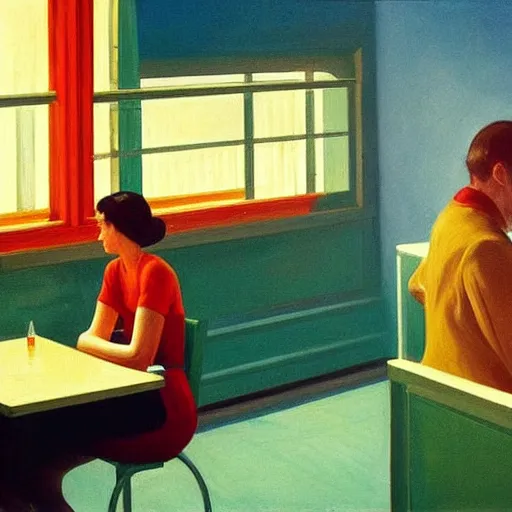 Prompt: the corner booth at a greasy diner on the moon, edward hopper painting, iconic, stunning light